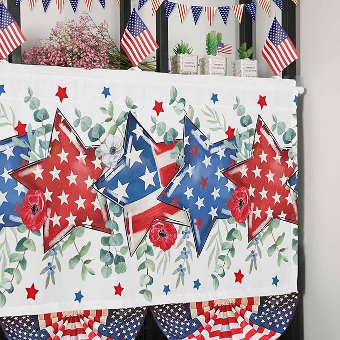 4th of July Kitchen Curtains Valances for Windows Patriotic Memorial Day Rod Pocket Window Treatment for Kitchen /Living Room/Bedroom/ Bathroom, 42" X 12", American Flag Stars Summer Poppy Eucalyptus