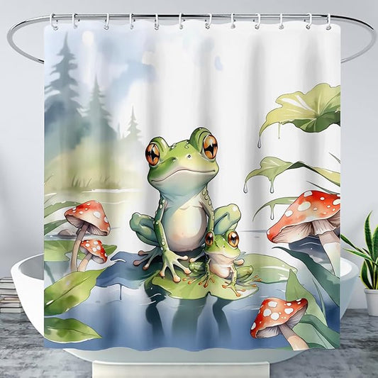 AILONEN Cartoon Frog Shower Curtain,Cute Green Frog Amphibious Animal Waterproof Fabric Bath Curtain for Kids Girls Boys,Red Mushroom Shower Curtain Set for Bathroom with Hooks,36" W*72" H