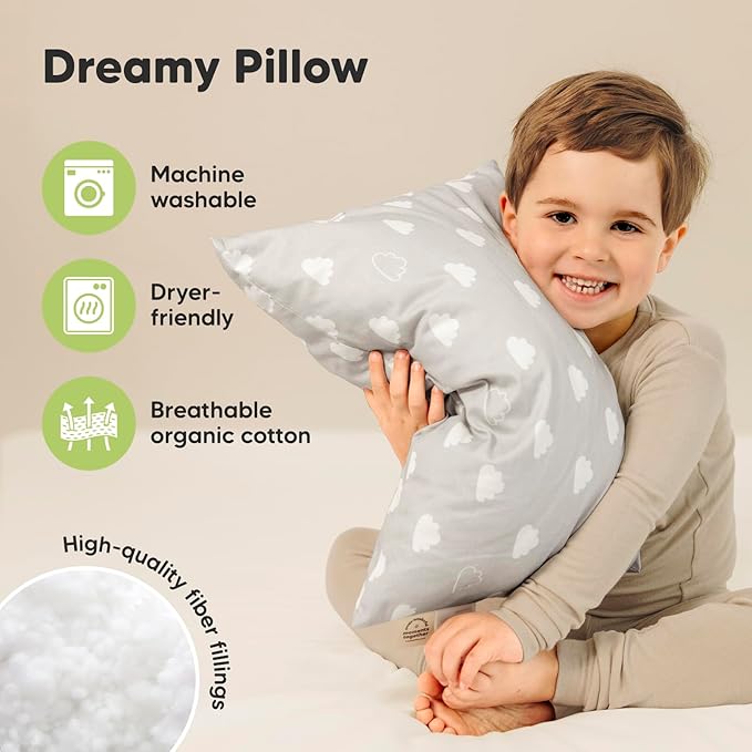 2-Pack Toddler Pillow - Soft Organic Cotton Toddler Pillows for Sleeping - 13X18 Small Pillow for Kids - Kids Pillows for Sleeping - Kids Pillow for Travel, School, Nap, Age 2 to 5 (Cloud)