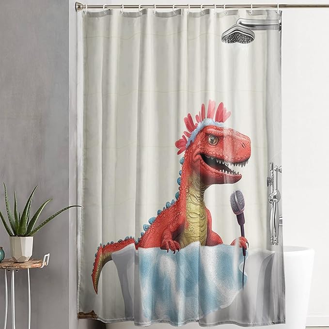 AILONEN Cartoon Dinosaur Shower Curtain for Kids Boys,Funny Singing Dinosaur Waterproof Fabric Shower Curtain for Bathroom,Lovely Red Dinosaur Shower Curtain Set with Hooks,72" W*84" H