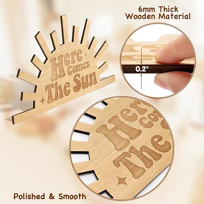 Here Comes The Sun Wooden Wall Sign Boho Nursery Room Decoration Sunshine Laser Cutting Engraved 14.6x7.6” Wall Decor for Home Living Room Kitchen Bathroom Bedroom Playroom