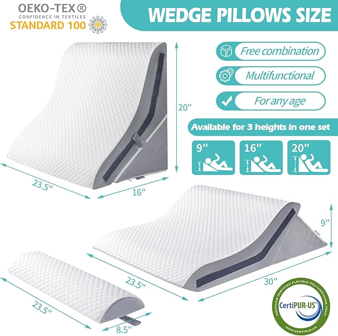 Wedge Pillow for Sleeping, Orthopedic Bed Wedge Pillow Set, 15-in-1 Adjustable Memory Foam Wedge Pillow Post Surgery, 9 &16 & 20 inches Height 3-in-1 Incline Pillows Wedges for Back Pain/Acid Reflux