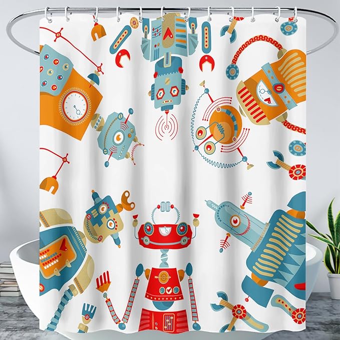 AILONEN Kawaii Robots Shower Curtain,Cartoon Robot Waterproof Fabric Shower Curtain Set for Boys Teens Kids, 48" W*72" H Watercolor Robot Bathroom Decors