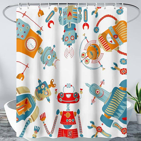 AILONEN Kawaii Robots Shower Curtain,Cartoon Robot Waterproof Fabric Shower Curtain Set for Boys Teens Kids, 72" W*72" H Watercolor Robot Bathroom Decors