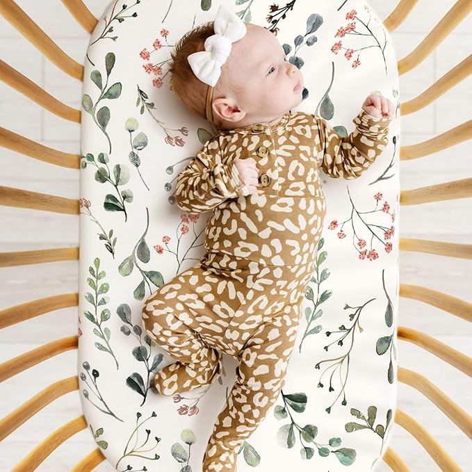 Stretchy Ultra Soft Fitted Bassinet Sheets 2 Pack, Universal Fitted for Bassinets Baby Cradle Moses Basket Oval Rectangle Mattress, Watercolor Rose and Flora Bassinet Sheet for Baby Girls