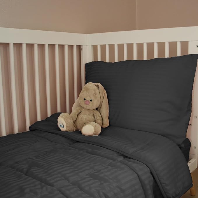 Toddler Bedding Set - 4 Piece Soft Crib Bedding Set for Boys, Includes Toddler Comforter, Flat Sheet, Fitted Sheet and Pillowcase, Black Stripe