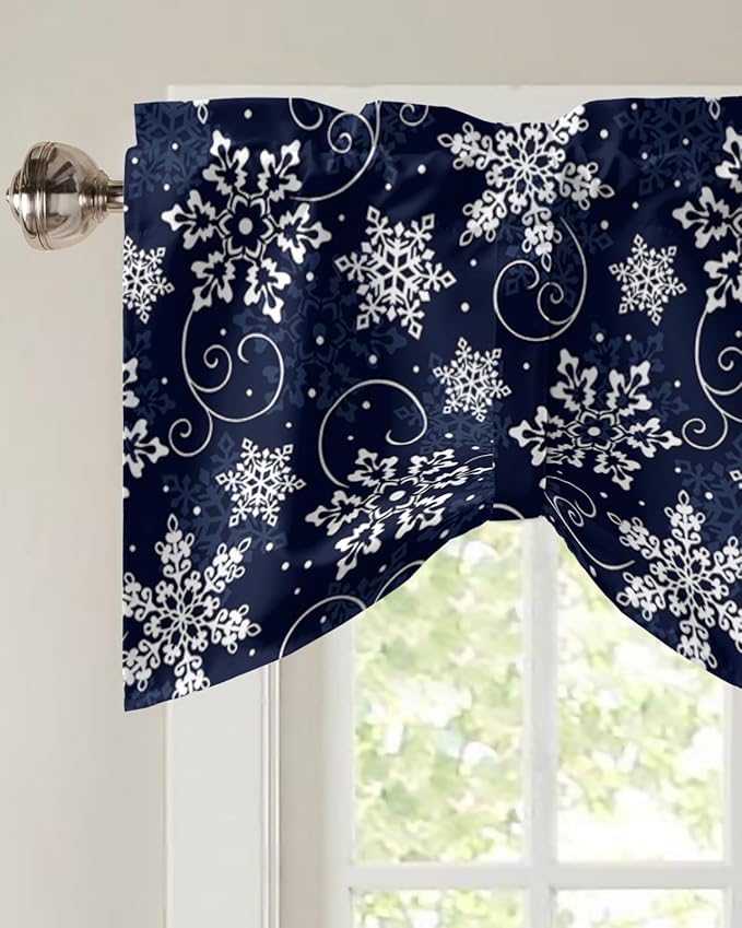 Christmas Blackout Tie Up Valance Curtains for Kitchen Windows White Navy Snowflakes Pattern Window Toppers Balloon Shades for Living Room/Bathroom/Bedroom,1 Panel, 42" X 18", Winter