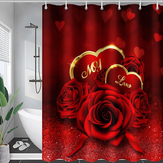 AILONEN Red Rose Shower Curtain for Bathroom, Romantic Flower Rose 3D Printed Valentine Wedding Bathroom Curtain,48" W*72" H Polyester Waterproof Bath Curtain with 12 Hooks