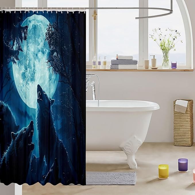 Feelyou Wolf Bath Curtain Wolves Howling Shower Curtain for Kids Freice woles Bathroom Shower Curtain Set Animal Wolves Kids Bathroom Accessories 72"x78"