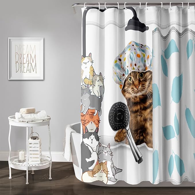 AILONEN Funny Cat with Shower Cap Shower Curtain for Kids 48" W*72" H Inch,Cute Cartoon Animals Bathroom Curtain,12 Pack Hooks Polyester Waterproof Fabric Decor for Bathroom,White