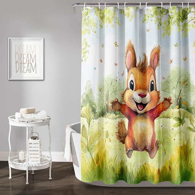 AILONEN Cartoon Cute Squirrel Shower Curtain,Kawaii Squirrel Bathroom Curtains for Kids,Girls,Tie Dye Tree Shower Curtains Set with Hooks for Bathroom,60" W*72" H
