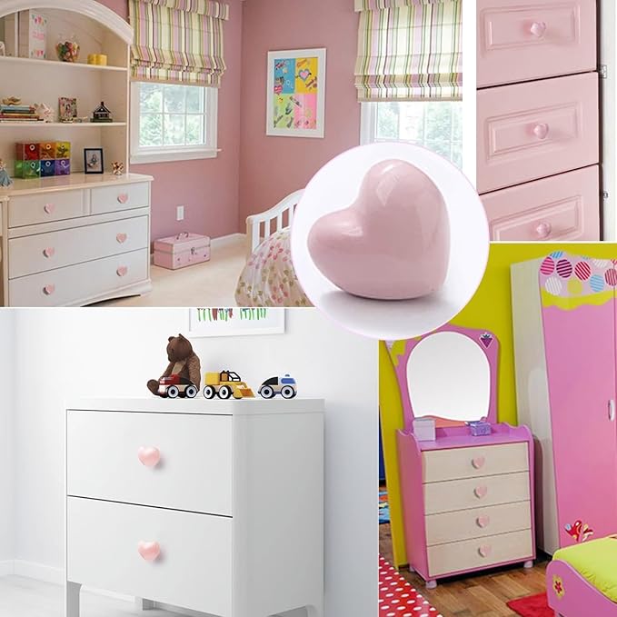4X Cute Dresser Knobs Ceramic Cabinet Knobs Pink Drawer Knobs Heart Love-Shape Door Pull Knob Cabinet Closet Ceramic Drawer Cupboard Kitchen Kids Children Bedroom Wardrobe (Pale Pink)