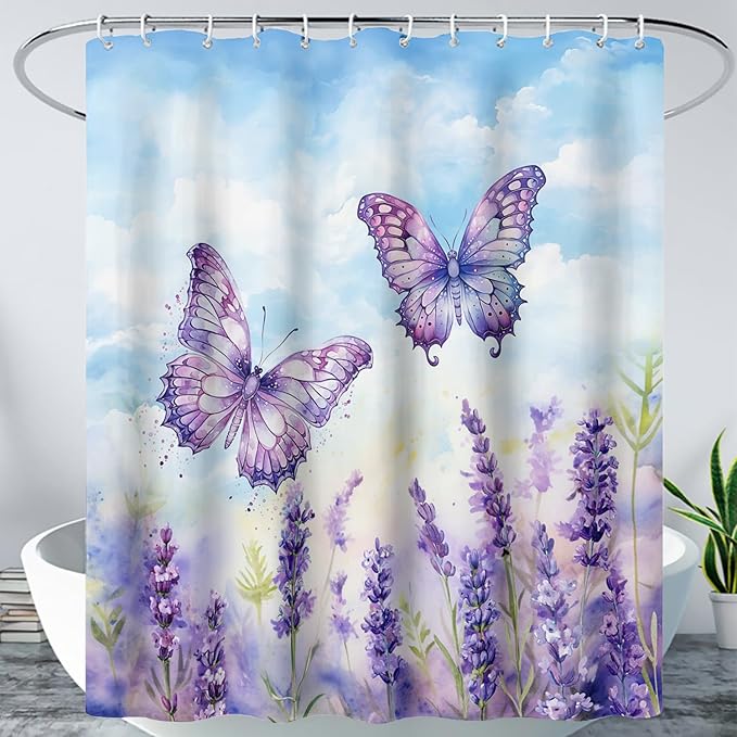 AILONEN Beautiful Butterfly Shower Curtain for Kids Girls Boys, Flying Butterfly Bath Curtains for Bathroom,Blossoming Lavender Flowers Shower Curtain Set with Hooks,60" W*72" H