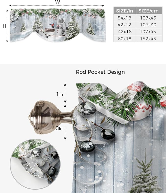 Merry Christmas Blackout Tie Up Valance Curtains for Kitchen Windows Xmas Snowman Snowy Pine Tree Window Toppers Balloon Shades for Living Room/Bathroom/Bedroom,1 Panel, 42" X 12", Blue Winter