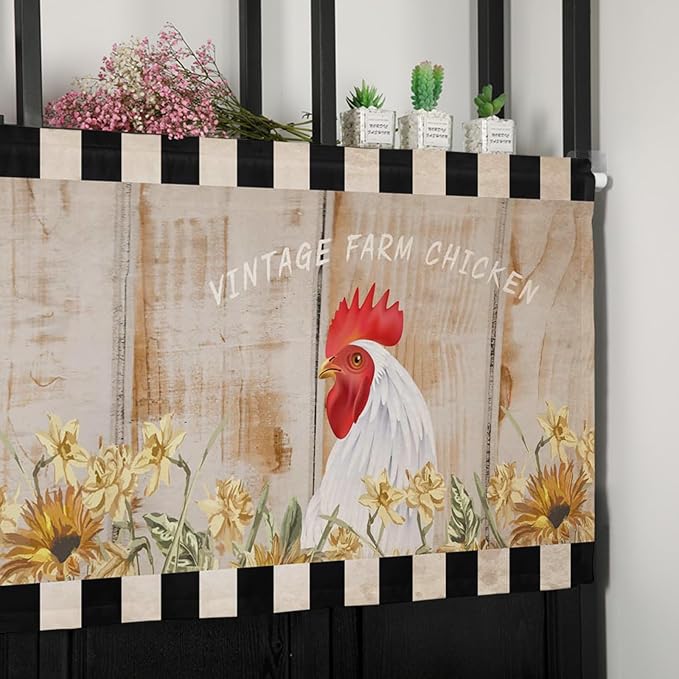 Farmhouse Kitchen Curtains Valances for Windows Sunflower Vintage Farm Chicken Rod Pocket Window Treatment for Kitchen/Living Room/Bedroom/Bathroom,42" X 12" -1 Panel, Black White Plaid