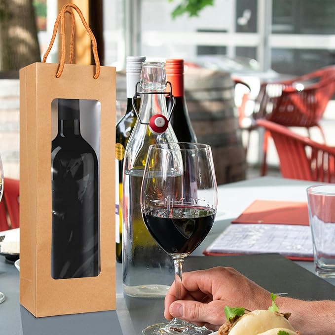 Cyblinia 20 Pack Wine Gift Bags with Window 4.9 x 3.6 x 14.2 Inch Paper Wine Bags Wine Carrier Bags Shopping Bags with Handle for Wine Bottle and Gifts，Wedding, Birthday, Christmas