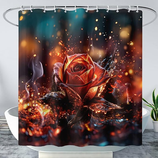 AILONEN 3D Rose Shower Curtain for Bathroom, Romantic Flame Smoky Rose Flower Bath Curtain,Burning Rose Shower Curtain Decoration Waterproof with 12 Plastic Hooks, 72" W*84" H