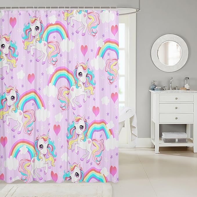 Feelyou Unicorn Shower Curtain Kids Toddler Boys Girls Cute Unicorn Bath Curtain Cartoon Unicorn Bathroom Shower Curtain Set Girl Unicorn Kids Bathroom Accessories 72"x78"