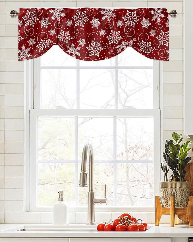 Christmas Blackout Tie Up Valance Curtains for Kitchen Windows Red White Snowflakes Pattern Window Toppers Balloon Shades for Living Room/Bathroom/Bedroom,1 Panel, 42" X 18", Winter