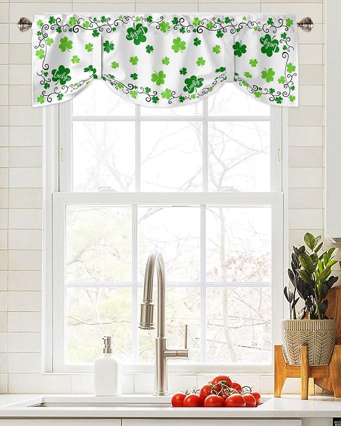 St. Patrick's Day Blackout Tie Up Valance Curtains for Kitchen Windows Green Shamrock Irish Clover Window Toppers Balloon Shades for Living Room/Bathroom/Bedroom,1 Panel, 42" X 12", Spring Holiday