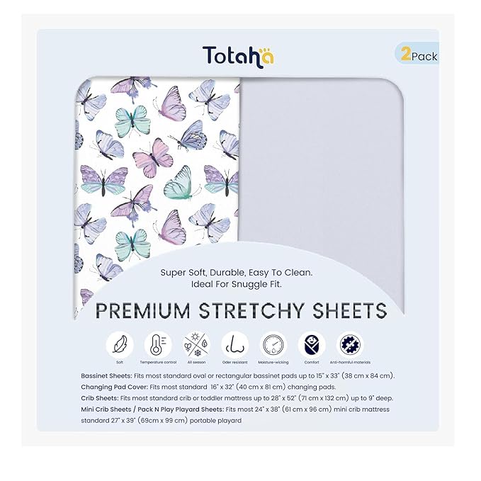 TotAha Soft Crib Sheets Girl-Hypoallergenic, Silky Comfort, Buttery Soft, Calming Effect, Premium All-Season Jersey-Knit Sheets, 9'' Extra Deep Pocket, Purple Butterfly