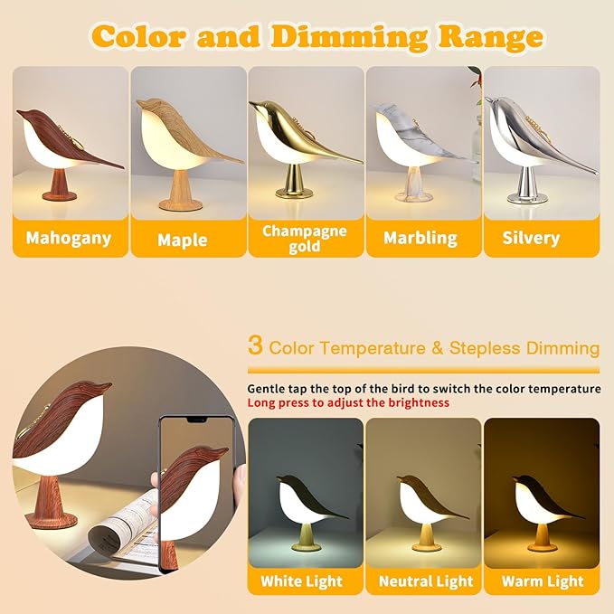 Night Light for Kids, Bird Light Small Lamp Touch Lamp with 3 Level Brightness Rechargered Animal Lamp Red Plastic Dimmable Lamp Nursery Light Cute Lamp Table Lamp for Bedroom, Kitchen (Mahogany)