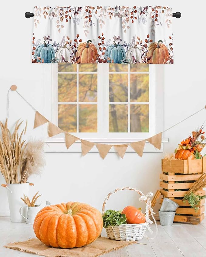 Fall Thanksgiving Kitchen Curtains Valances for Windows Watercolor Autumn Pumpkins Eucalyptus Leaves Rod Pocket Window Treatment for Kitchen /Living Room/Bedroom/ Bathroom,54" X 18" , Blue Orange