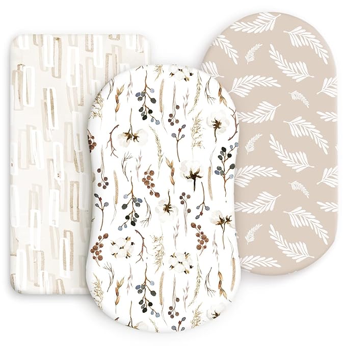 GRSSDER Stretchy Ultra Soft Fitted Bassinet Sheet Set 3 Pack, Universal Fit for Bassinets Baby Cradle Moses Basket Oval Rectangle Mattress Safe and Snug, Stylish Pretty Flora for Baby, Beige