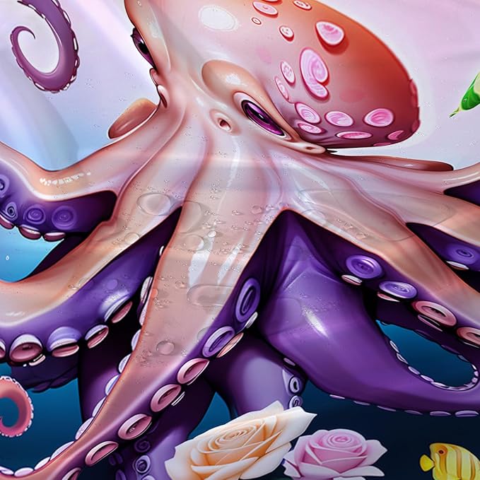 AILONEN Cartoon Pink Octopus Shower Curtain for Bathroom,Octopus Tentacles with Rose Bath Curtain for Kids,Girls,Ocean Animal Theme Waterproof Fabric Shower Curtain Set with Hooks,36" W*72" H