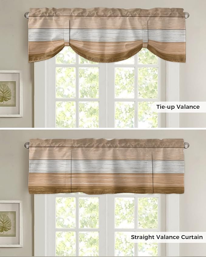 Farmhouse Summer Blackout Tie Up Valance Curtains for Kitchen Windows,Brown Beach Fall Window Toppers Balloon Shades for Living Room/Bathroom/Bedroom,1 Panel,54" X 18" Rustic Barn Wood Texture
