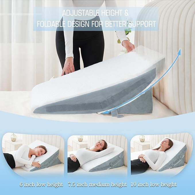 Bed Wedge Pillow for Sleeping, 7.5 Inch Adjustable Memory Foam Triangle Wedge Pillow for After Surgery Legs and Back Support Pillow Relieve Acid Reflux, Gerd, Snoring
