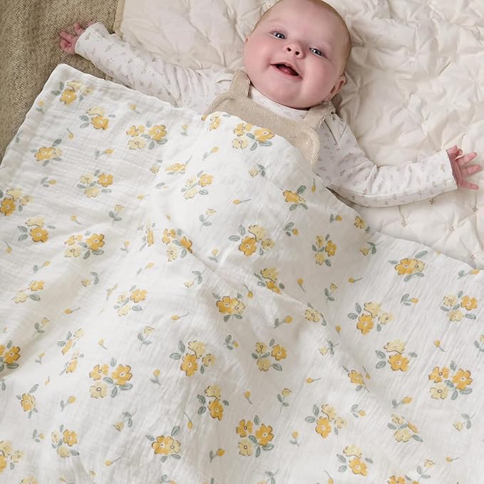 Baby Blankets for Unisex Boys Girls Super Soft Nursery Minky Blankets with Breathable Muslin Cotton Front and 3D Touch Dotted Fleece Backing, Floral Printed Bed Throws Newborn