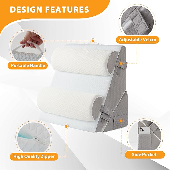 4PCS Orthopedic Bed Wedge Pillow Set for Sleeping, Wedge Pillow for Back Pain Relief, 10-in-1 Adjustable Bed Wedge Pillow Post Surgery, Triangle Pillow for Acid Reflux Snoring Gerd, White/Grey