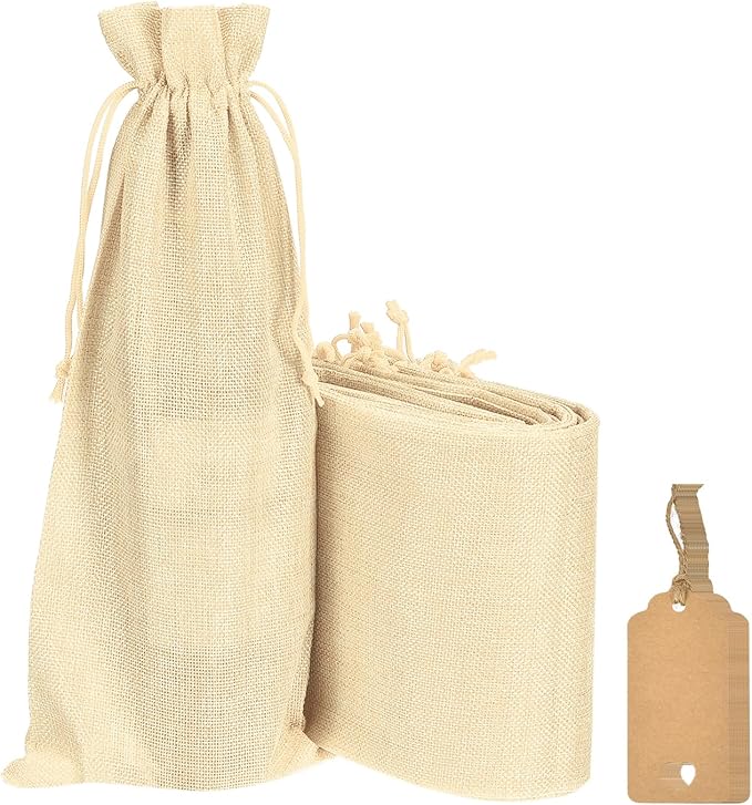uxcell Burlap Wine Bags with Drawstrings, 12Pcs Wine Gift Bags Reusable Wine Bottle Bags with Ropes and Tags for Wedding, Birthday, Travel (14 x 6.3 In, Beige)