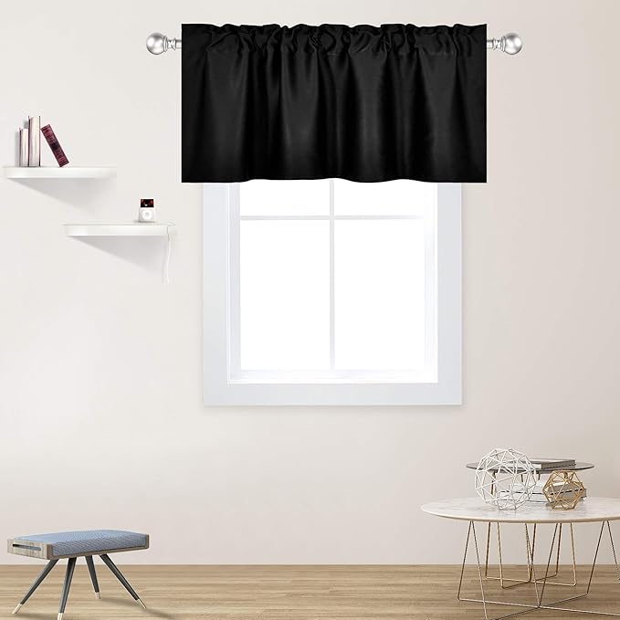 Black Valance for Windows 42x18 Inch Solid Thermal Insulated Blackout Rod Pocket Kitchen Short Curtain Toppers Valance for Bathroom Living Room 1 Panel