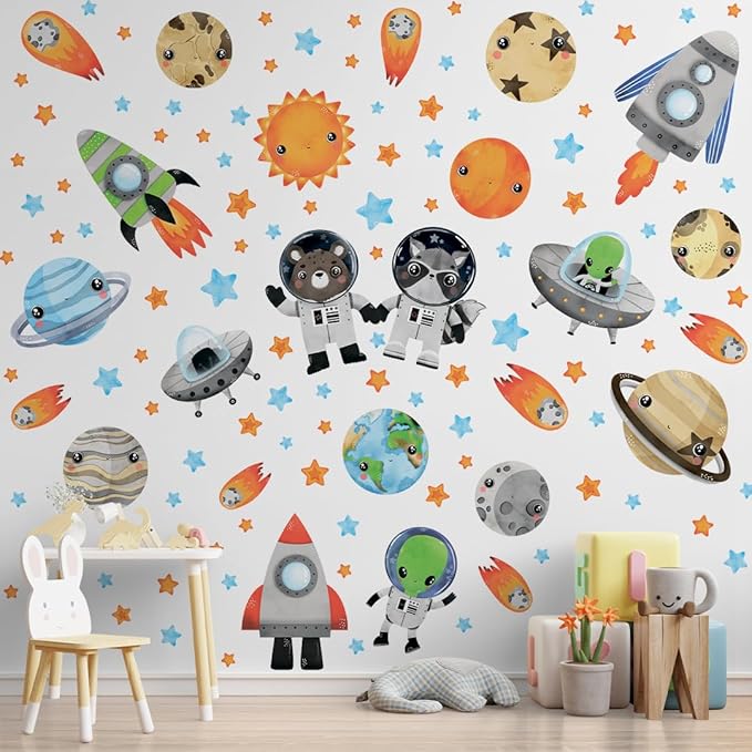 Large Solar System Wall Decals for Kids by Lipastick - 133 pcs Space Animal Wall Stickers Boys Room Playroom - Galaxy Wall Decor - Kids Vinyl Wall Decal Peel and Stick - Outer Space Decoration L Size