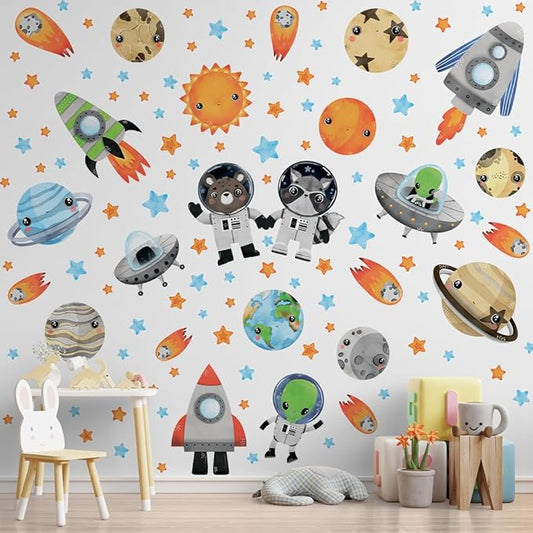 Large Solar System Wall Decals for Kids by Lipastick - 133 pcs Space Animal Wall Stickers Boys Room Playroom - Galaxy Wall Decor - Kids Vinyl Wall Decal Peel and Stick - Outer Space Decoration L Size