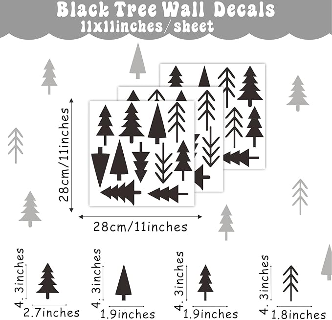 Small Pine Tree Wall Sticker Vinyl Black Tree Wall Decals Forest Tree Wall Stickers Woodland Tree Decals Peel and Stick Pine Tree Wall Decals for Nursery Kids Room Bedroom Decor