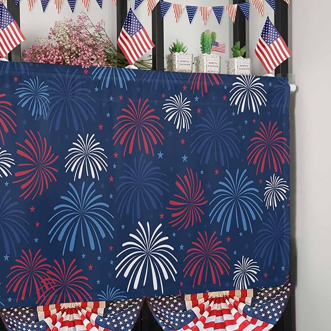 July 4th Kitchen Curtains Valances for Windows Fireworks Celebrate Patriotic Americana Stars Rod Pocket Window Treatment for Kitchen/Living Room/Bedroom/Bathroom, 42" X 12", Red, White and Blue