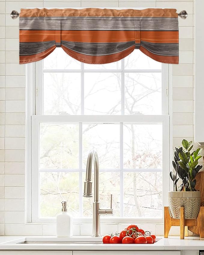Farmhouse Thanksgiving Fall Blackout Tie Up Valance Curtains for Kitchen Windows Burnt Orange Gray Window Toppers Balloon Shades for Living Room/Bathroom/Bedroom,1 Panel,42" X 12" Rustic Wood Texture