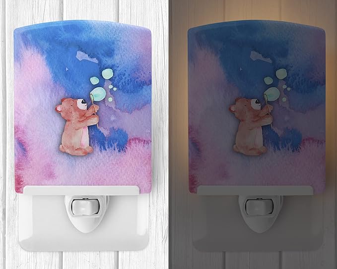 Caroline's Treasures BB7347CNL Bear and Bubbles Watercolor Ceramic Night Light Compact, UL-Certified, Ideal for Bedroom, Bathroom, Nursery, Hallway, Kitchen, 6x4x3, Multicolor