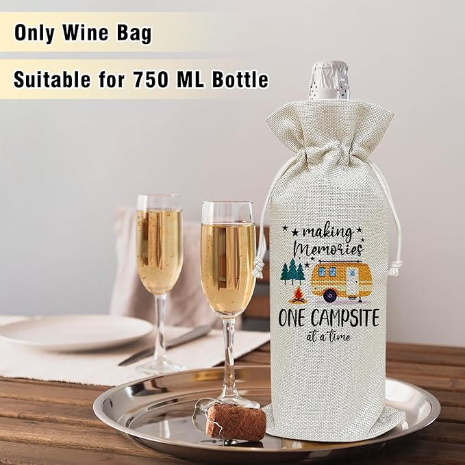 Wine Canvas Bag, Camper Gifts Wine Gift Bag, Camping Gift for Women Men Friend Camper Vacation Gifts Wine Bags for Wine Bottles, Wine Champagne Gifts With Drawstring Outdoor Party Decoration -WB10