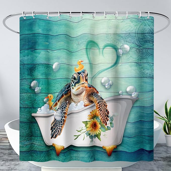 AILONEN Cute Sea Turtle Shower Curtain Set for Bathroom,Cartoon Funny Bathtub Turtle Bath Curtain,Sunflower Theme Waterproof Fabric Shower Curtain with Hooks,36" W*72" H