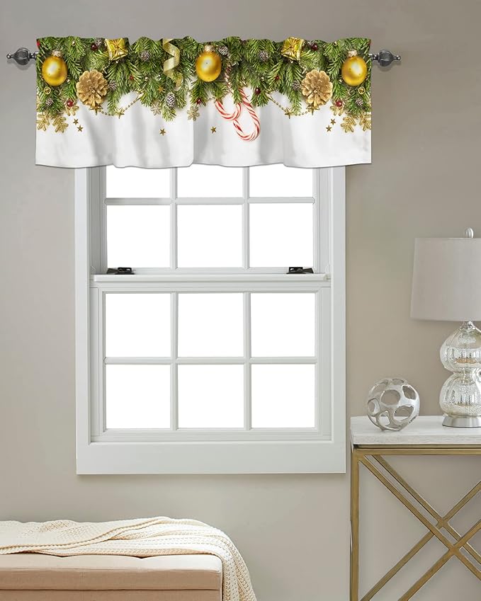 Christmas Kitchen Curtains Valances for Windows Pine Cones Rod Pocket Window Treatment for Kitchen/Living Room/Bedroom/Bathroom,42" X 12" -1 Panel, Golden Ornament Balls