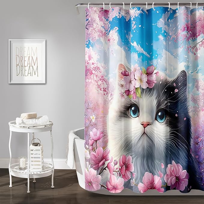 AILONEN Lovely Cat Shower Curtain Set, Pink Cherry Blossom Waterproof Fabric Shower Curtain for Kids Boys Girls,Fat Kitty Cloth Shower Curtain for Bathroom,72" W*78" H