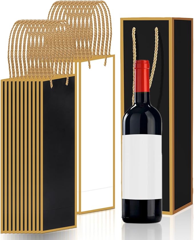 Megitzuu 12 Pack Wine Bottle Gift Bags - Wine Bags with Gold Foil Design, Reusable Bottle Totes for Fathers Day, 13.8"x4"x4" Kraft Paper Wine Bag with Handles for Birthday Party Wedding Bridal Shower