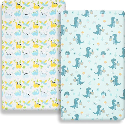Pack n Play Fitted Sheet. 2 Piece Mini Crib Sheet. Elastic Playard Sheet. Portable Sheet Set. Elastic Convertible Playard Set. Compatible with Graco Pack n Play (More Dinosaurs)