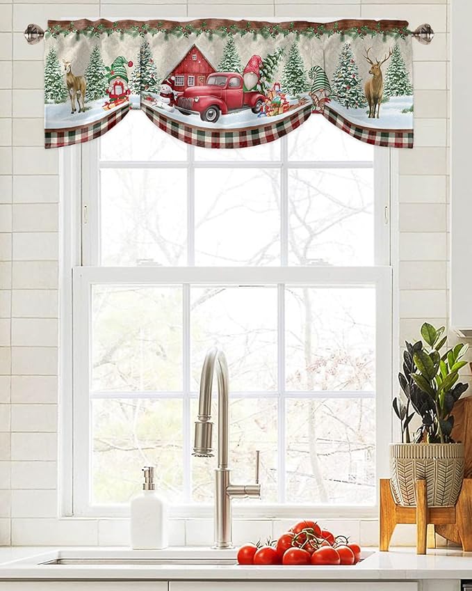 Christmas Farmhouse Blackout Tie Up Valance Curtains for Kitchen Windows Red Truck Gnomes Window Toppers Balloon Shades for Living Room/Bathroom/Bedroom,1 Panel,42" X 12" Winter Holiday Snowman