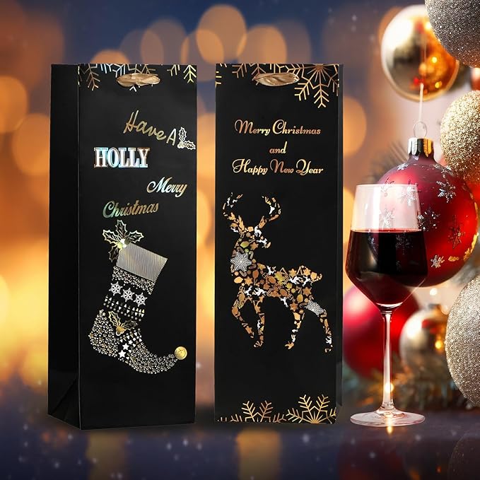 RAZKO Christmas Wine Gift Bags - Set of 12 - Gold Foil Wine Bags, 4 Christmas Patterns (5 x 14 x 3 in) -Heavy Duty Wine Gift Bags for Wine Bottles - Wine Bottle Gift Bags Bulk Black&Gold Color