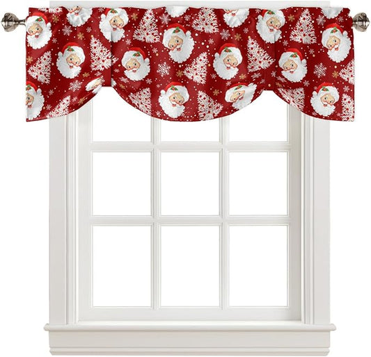 Red Christmas Blackout Tie Up Valance Curtains for Kitchen Windows Santa Claus Merry Christmas Tree Window Toppers Balloon Shades for Living Room/Bathroom/Bedroom,1 Panel, 42" X 18", Winter Snowflake